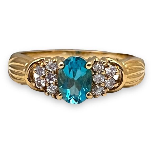 Vintage Ring Size 9 Blue Cubic Zirconia Crystal 18K Gold Plate Mid-Century 14E - Picture 12 of 15